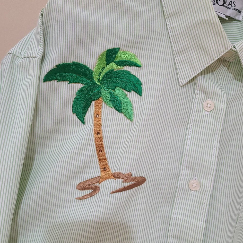 Vintage Las Olas Green Pinstripe Palm tree Mens Shirt size Large - Picture 3 of 6